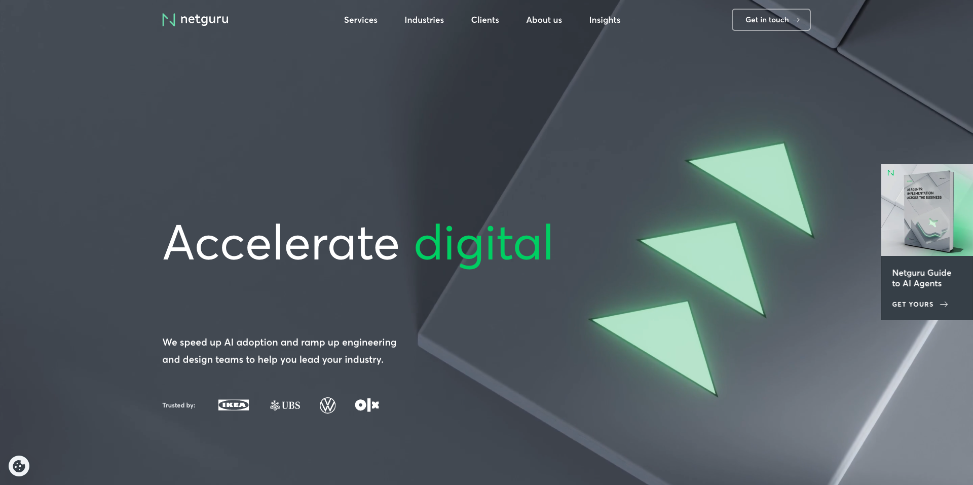 Netguru website showing digital acceleration services with dark theme and green accents